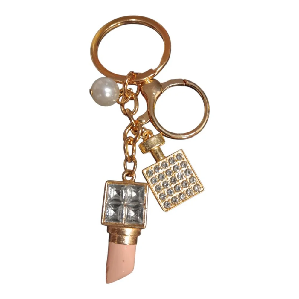 Lipstick, Perfume Bottle, Pearl Rhinestone Purse Charm Keychain in Blush Bling